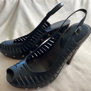 Women's Nine West Sling Back Peep Toe Upper Black Leather Size 7